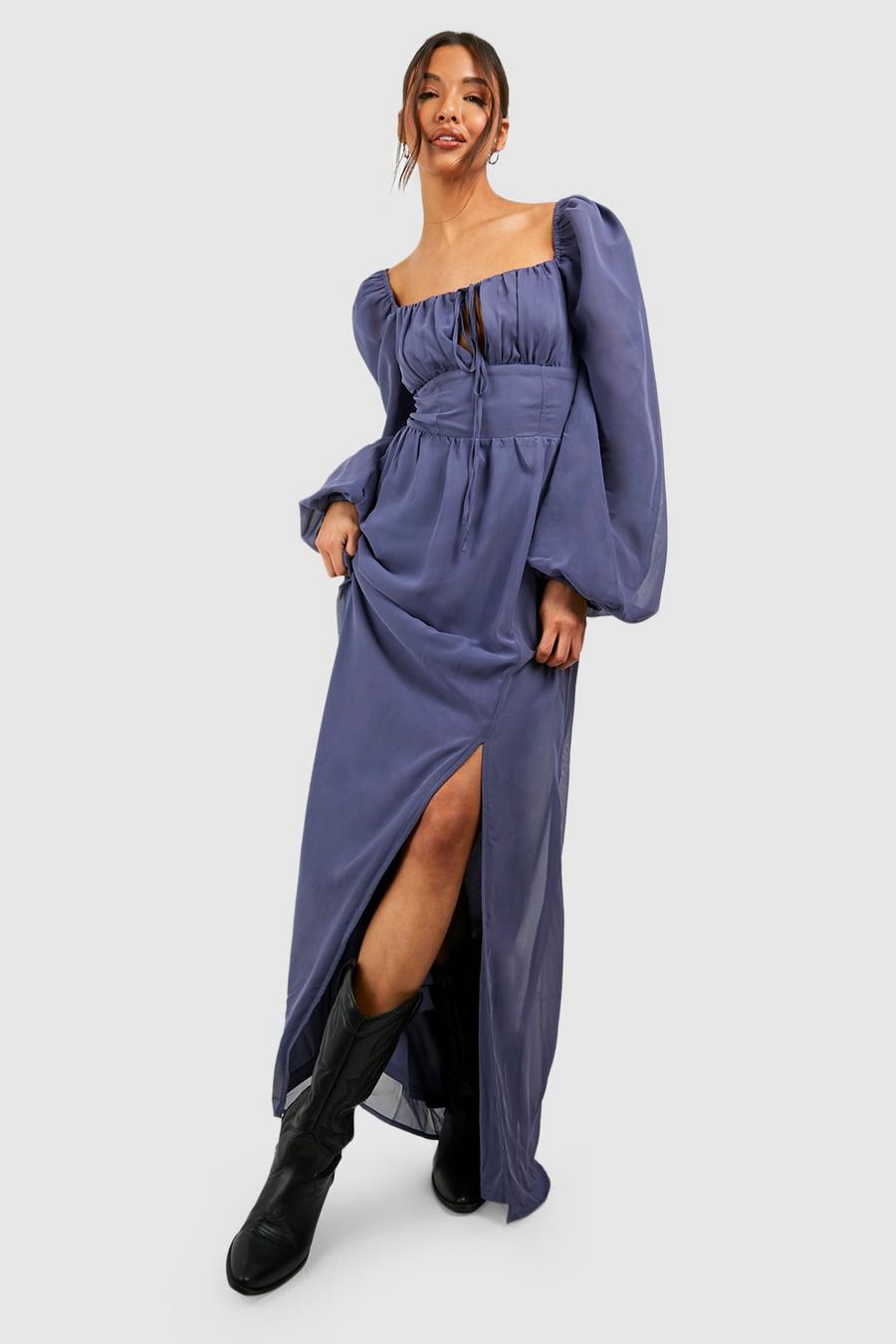 Dusty blue Puff Sleeve Rouched Bust Maxi Milkmaid Dress image number 1