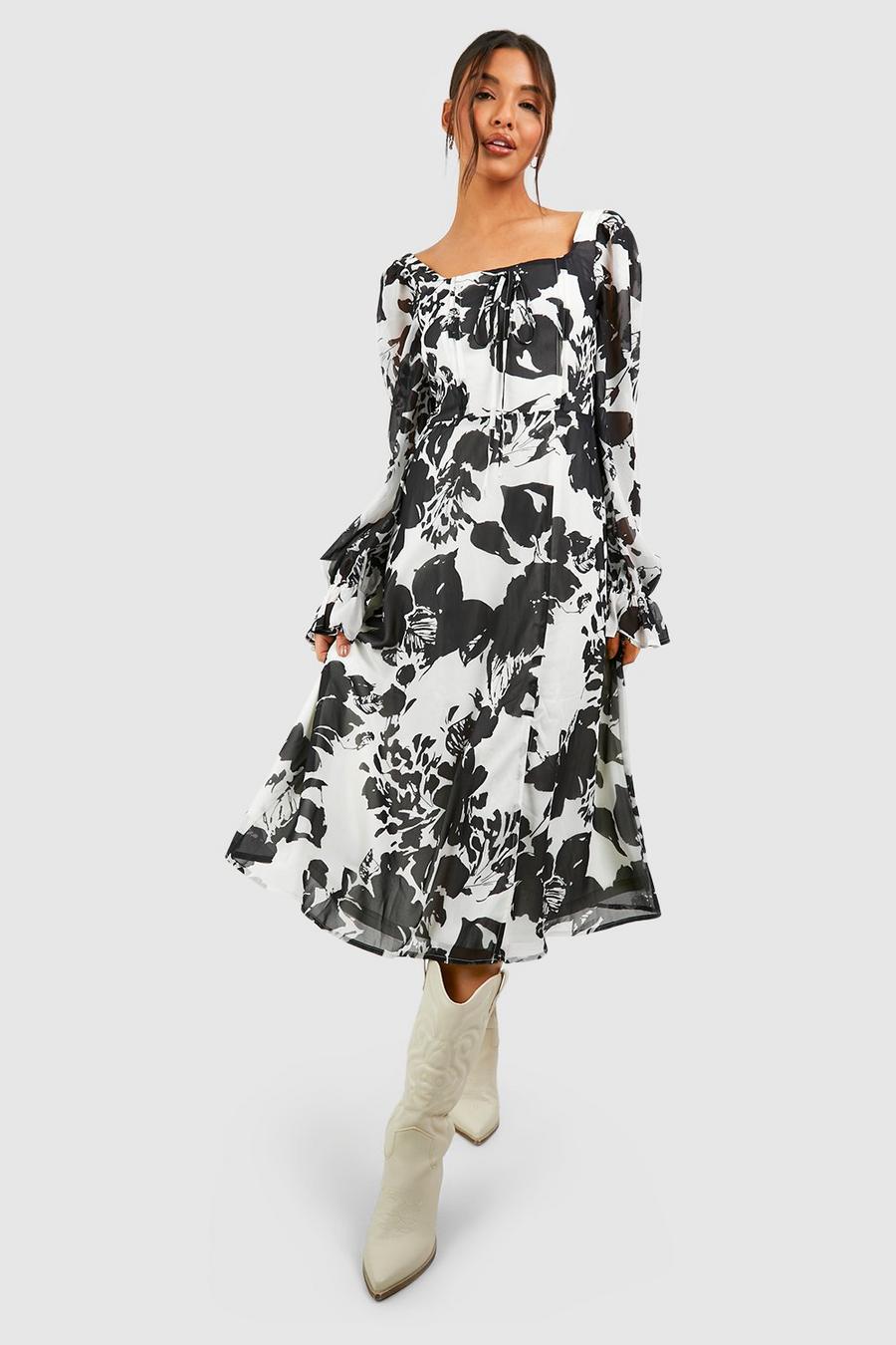 Cream Midiklänning med blommig ärm image number 1