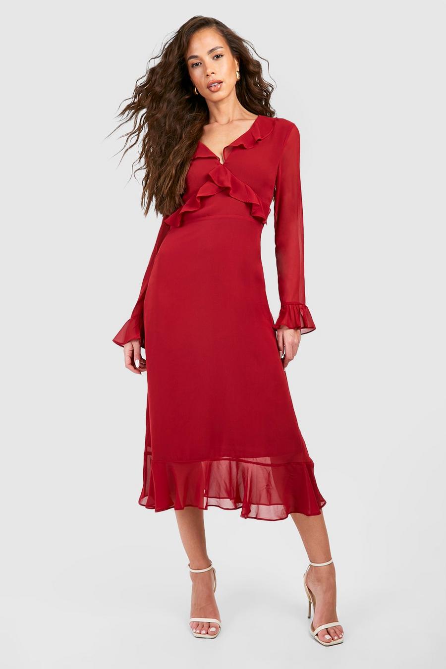 Berry Chiffon Flare Sleeve Midi Dress image number 1