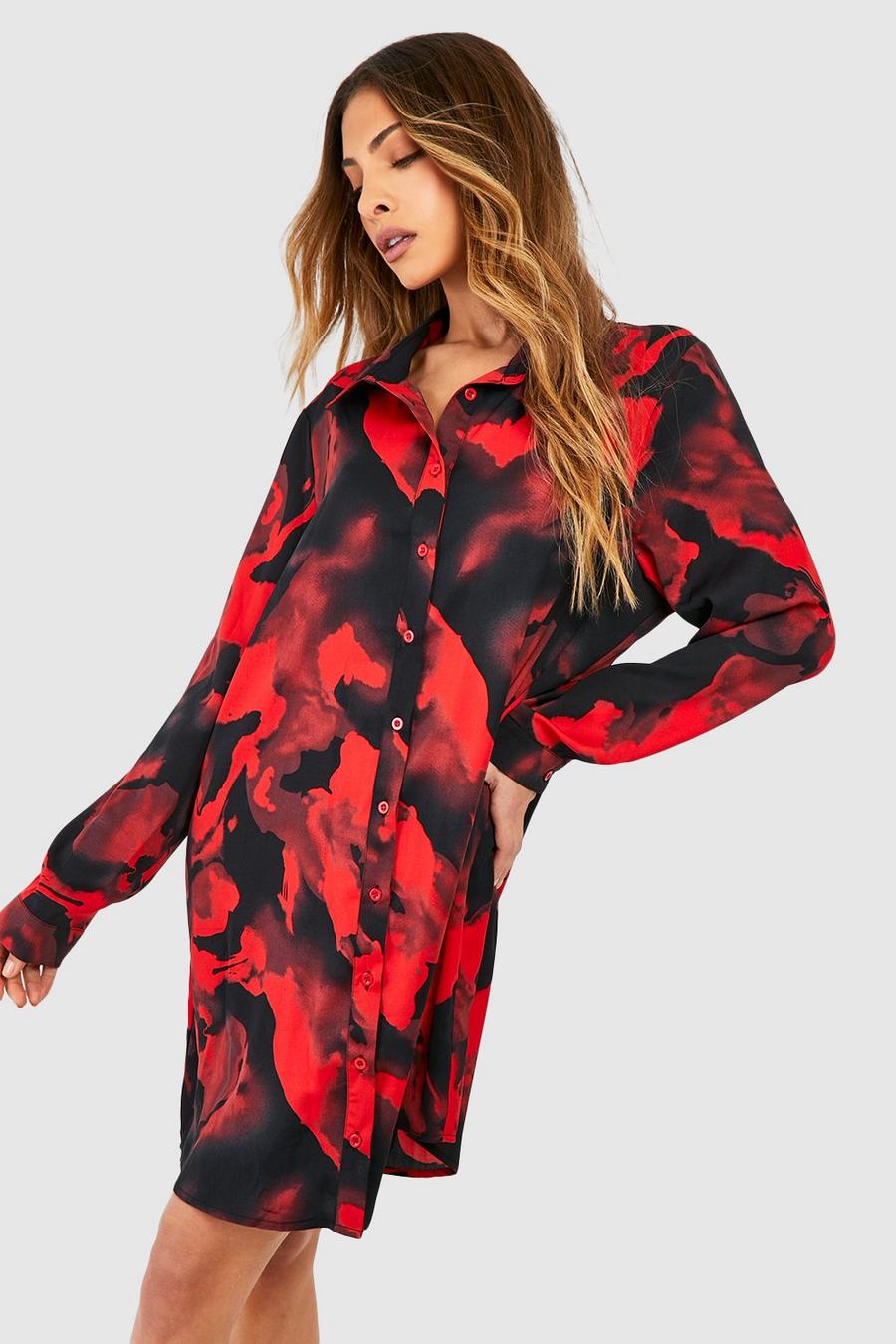 Red Abstract Floral Print Shirt Dress image number 1