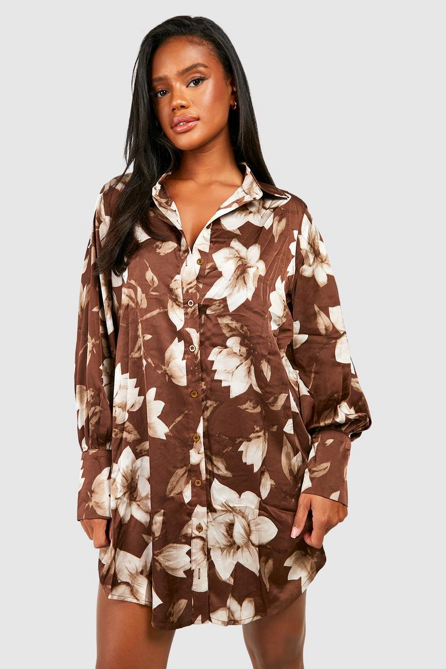 Robe chemise oversize à imprimé fleuri, Brown