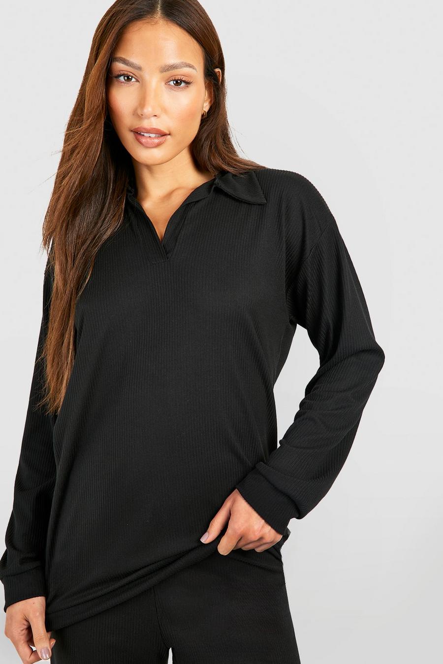 Black Tall Oversized Geborsteld Geribbeld T-Shirt Met Open Kraag