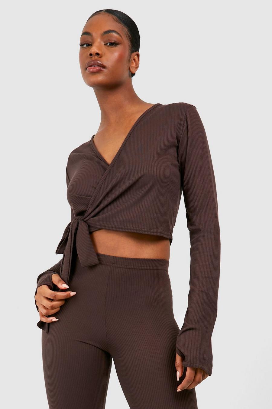 Chocolate Tall Brushed Rib Ballet Wrap Top image number 1