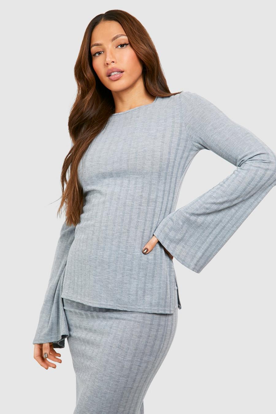 Grey Tall Side Split Long Sleeve Rib Top