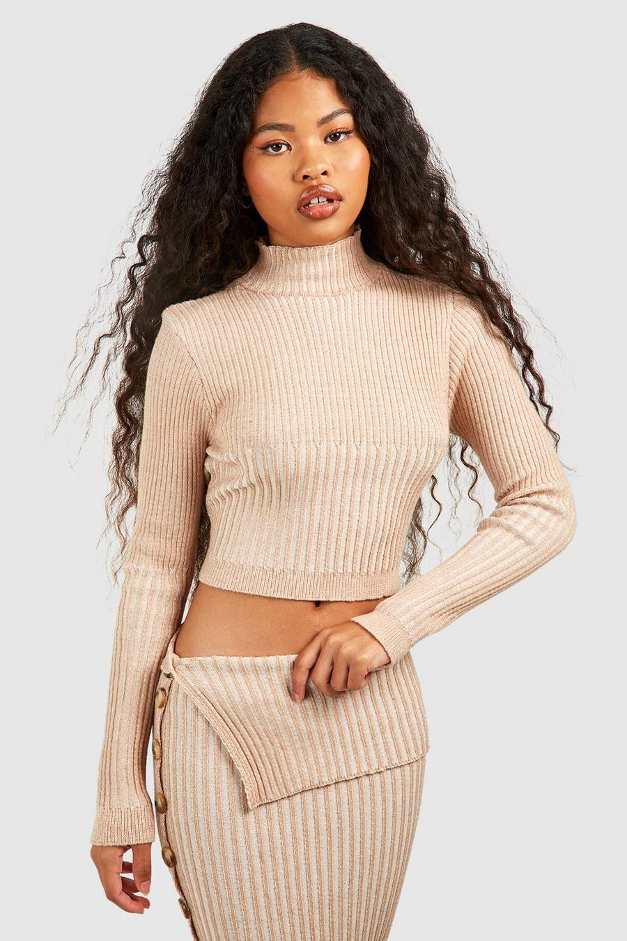 Stone Petite Two Tone Rib Knit Cropped Jumper image number 1