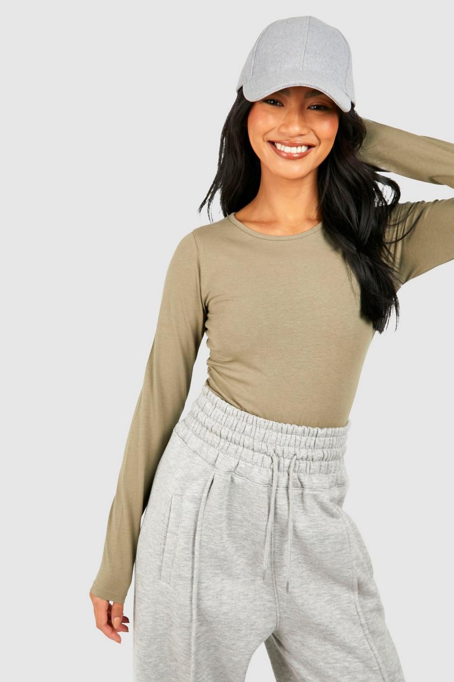 Khaki Basic Cotton Crew Neck Long Sleeve Bodysuit 