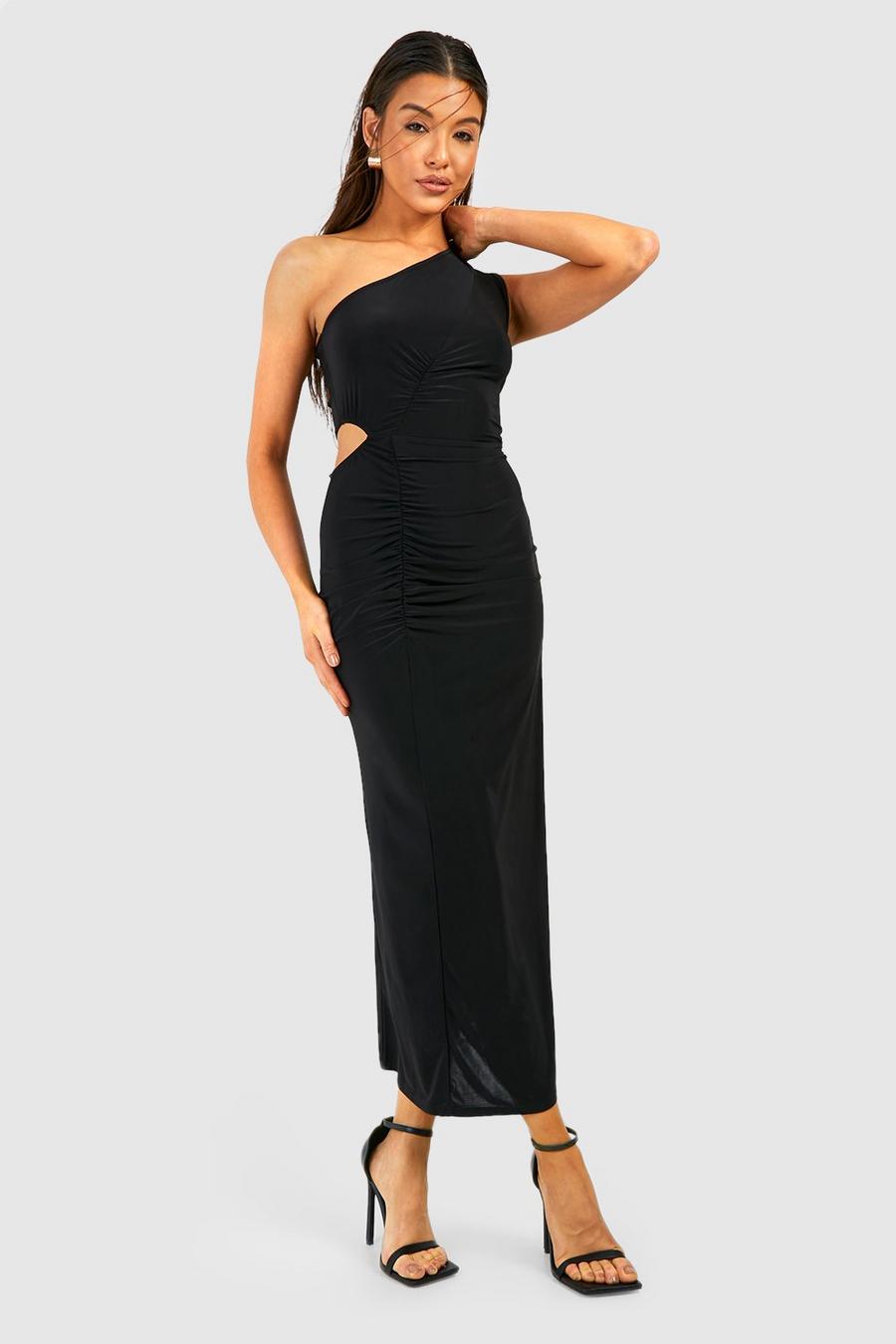 Black One Shoulder Slinky Midi Dress image number 1