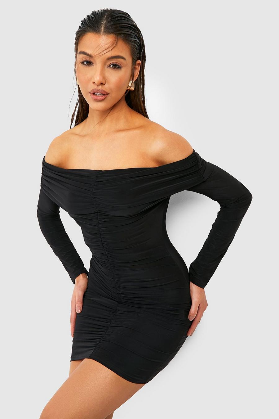 Black Off The Shoulder Ruched Slinky Mini Dress