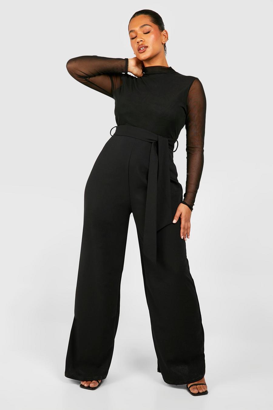 Black Plus High Neck Mesh Detail Wide Leg Jumpsuit 