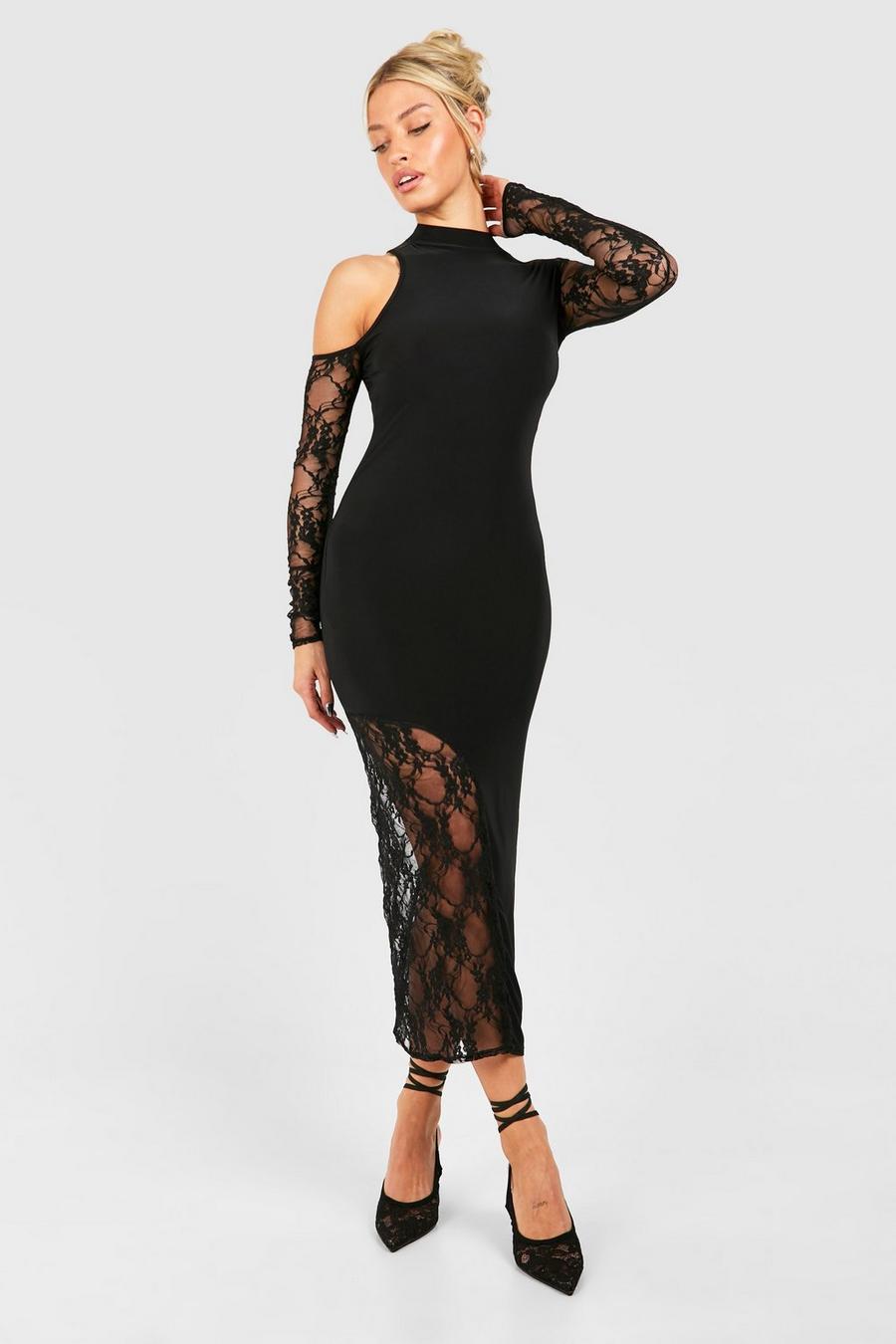Black Long Sleeve Lace Midi Dress image number 1