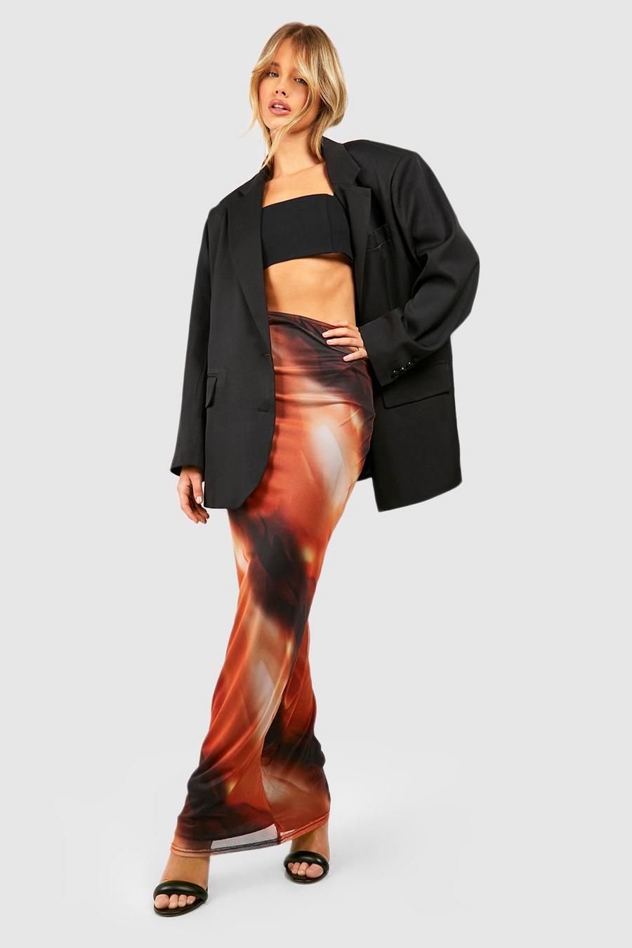 Rust Abstract Printed Mesh Slip Maxi Skirt 