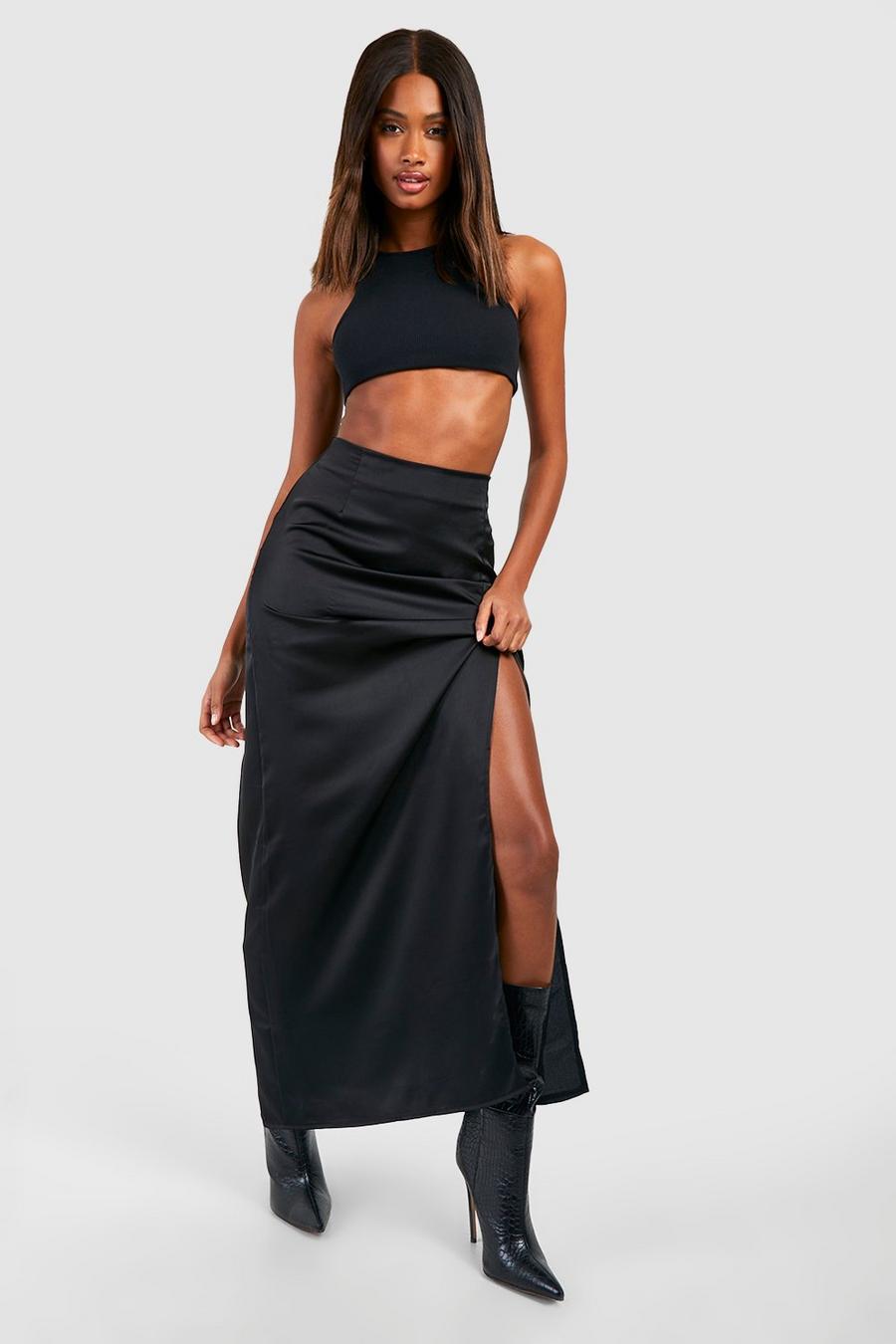 Black Side Split Satin Maxi Skirt