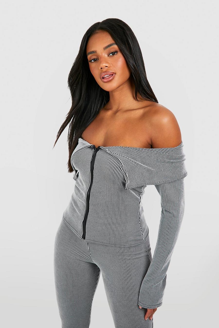 Charcoal Two Tone Rib Off The Shoulder Zip Through Long Sleeve Top