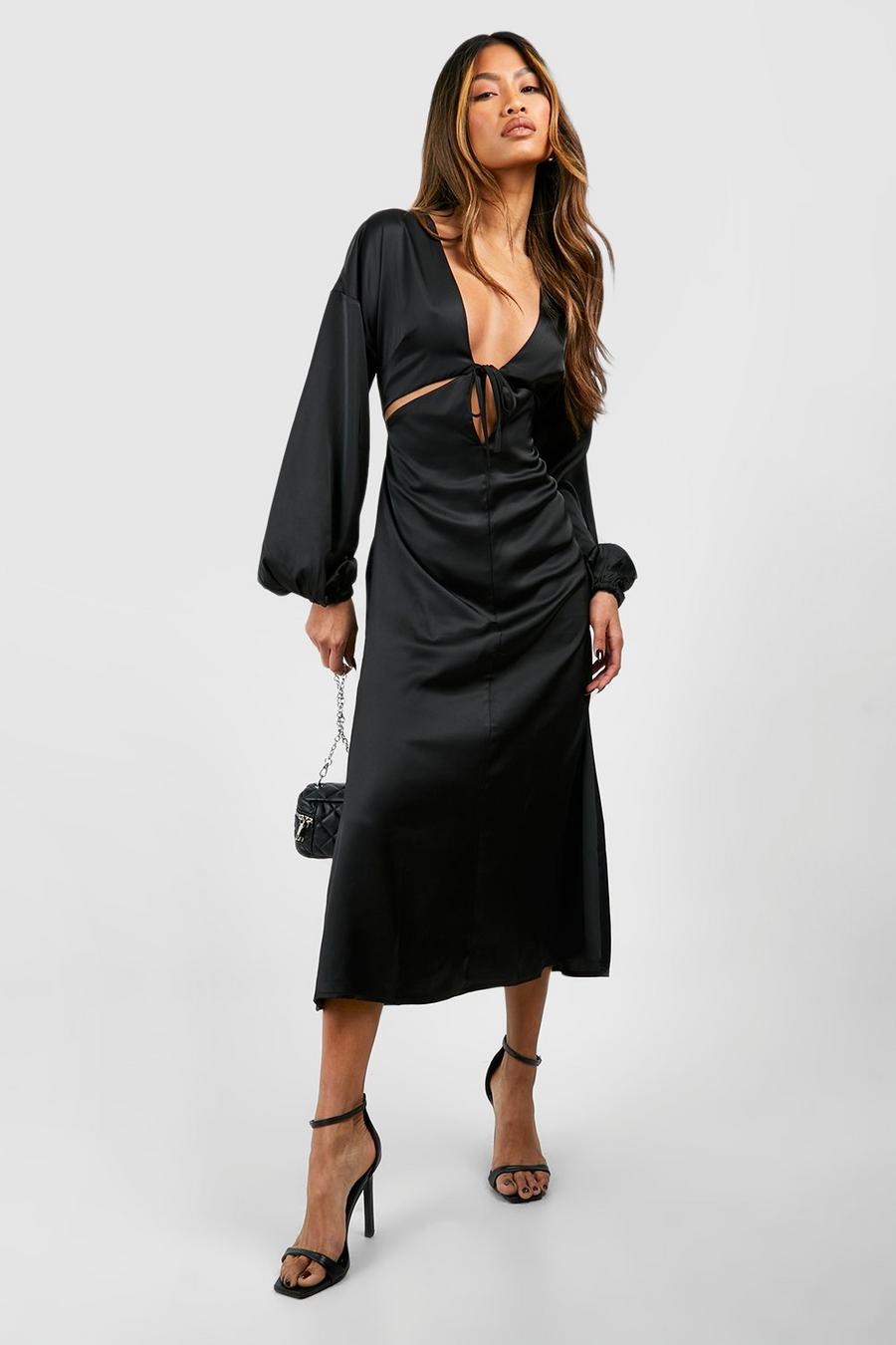 Vestido lencero midaxi de raso con abertura y manga de murciélago, Black image number 1