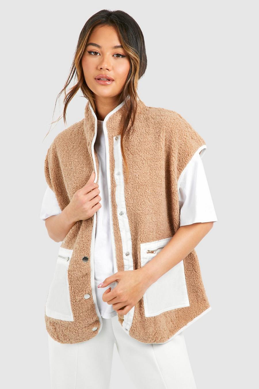 Beige Contrasterende Faux Fur Teddy Bodywarmer