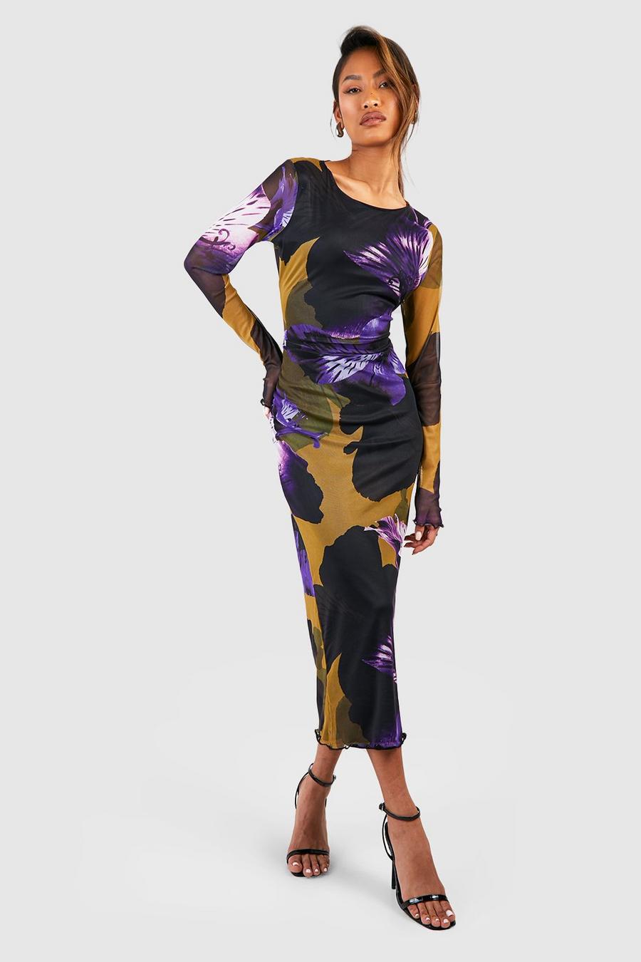 Purple Floral Printed Mesh Long Sleeve Midi Dress image number 1