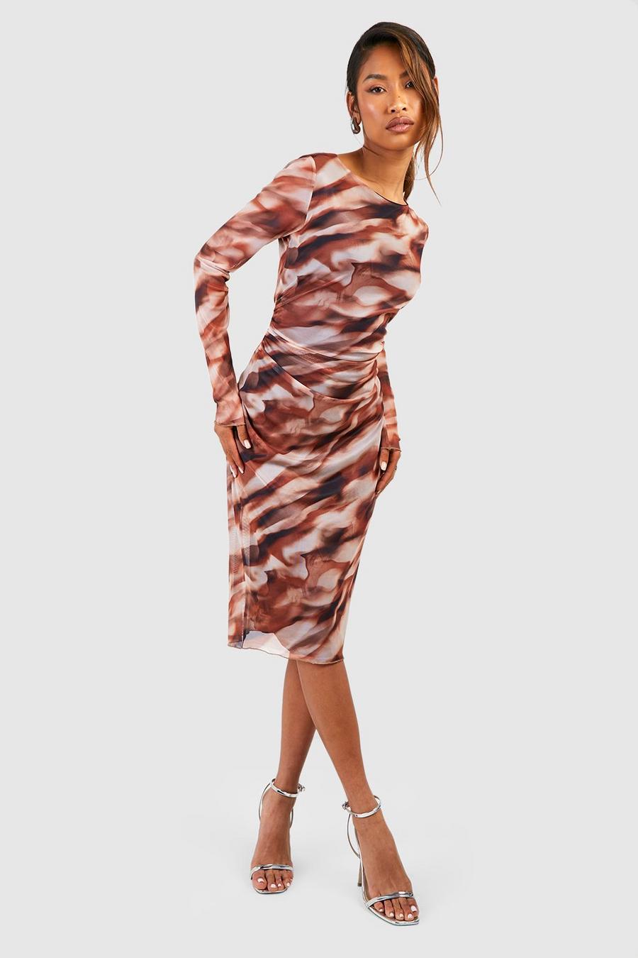 Brown Abstract Printed Mesh Long Sleeve Midi Dress image number 1