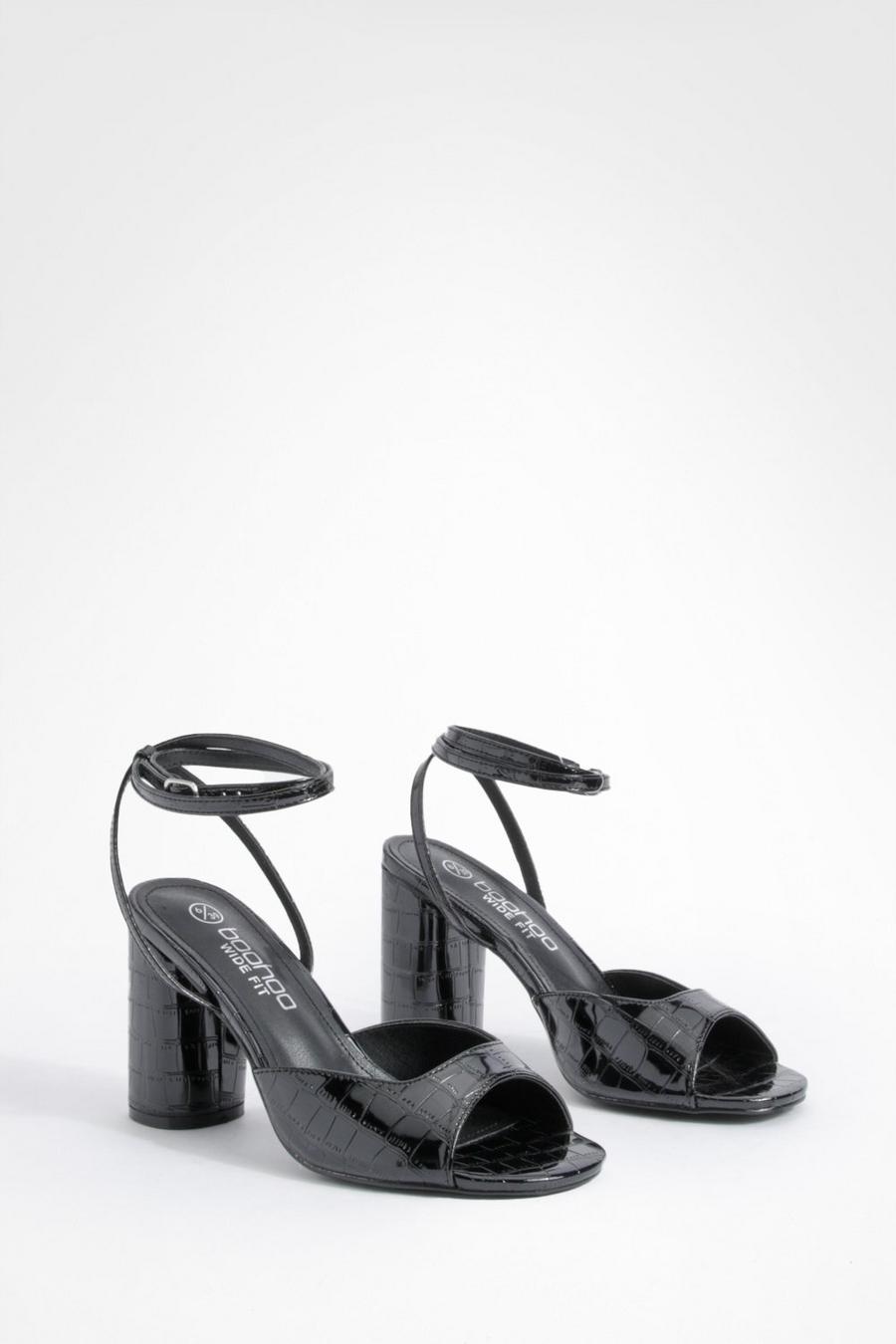 Scarpe a calzata ampia effetto coccodrillo con laccetti e tacco arrotondato, Black