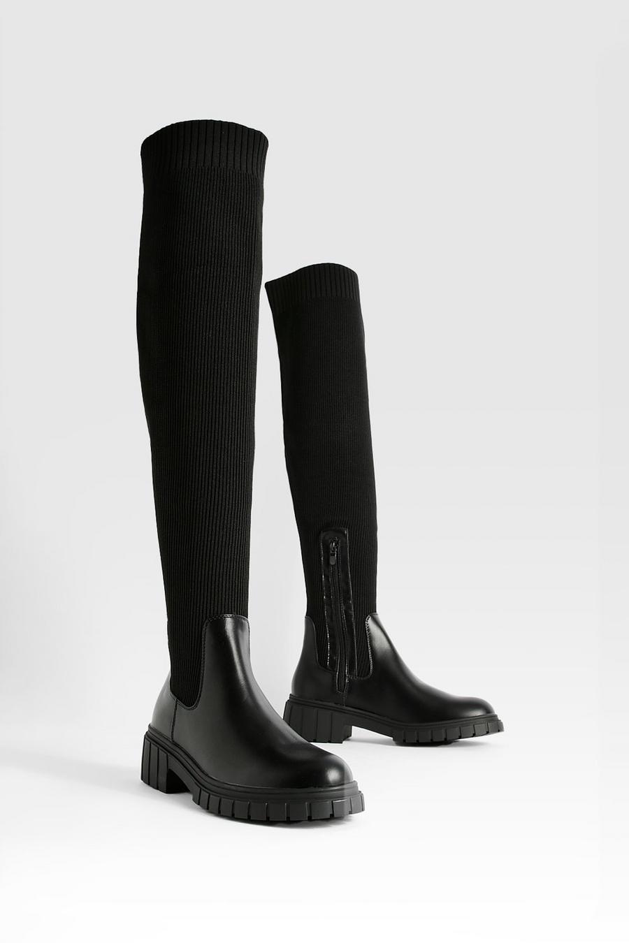Black Over The Knee Buckle Detail Boots