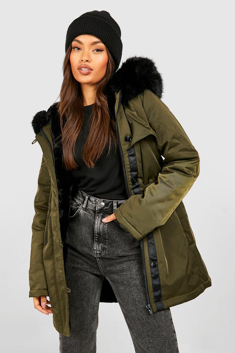 Khaki Faux Fur Trim Parka