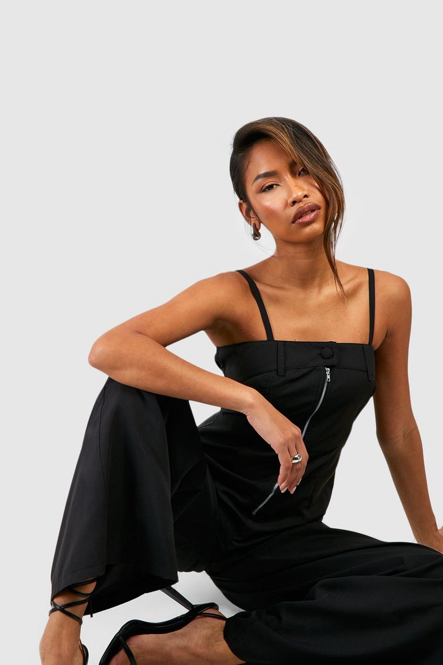 Black Tailored Zip Detail Strappy Jumpsuit