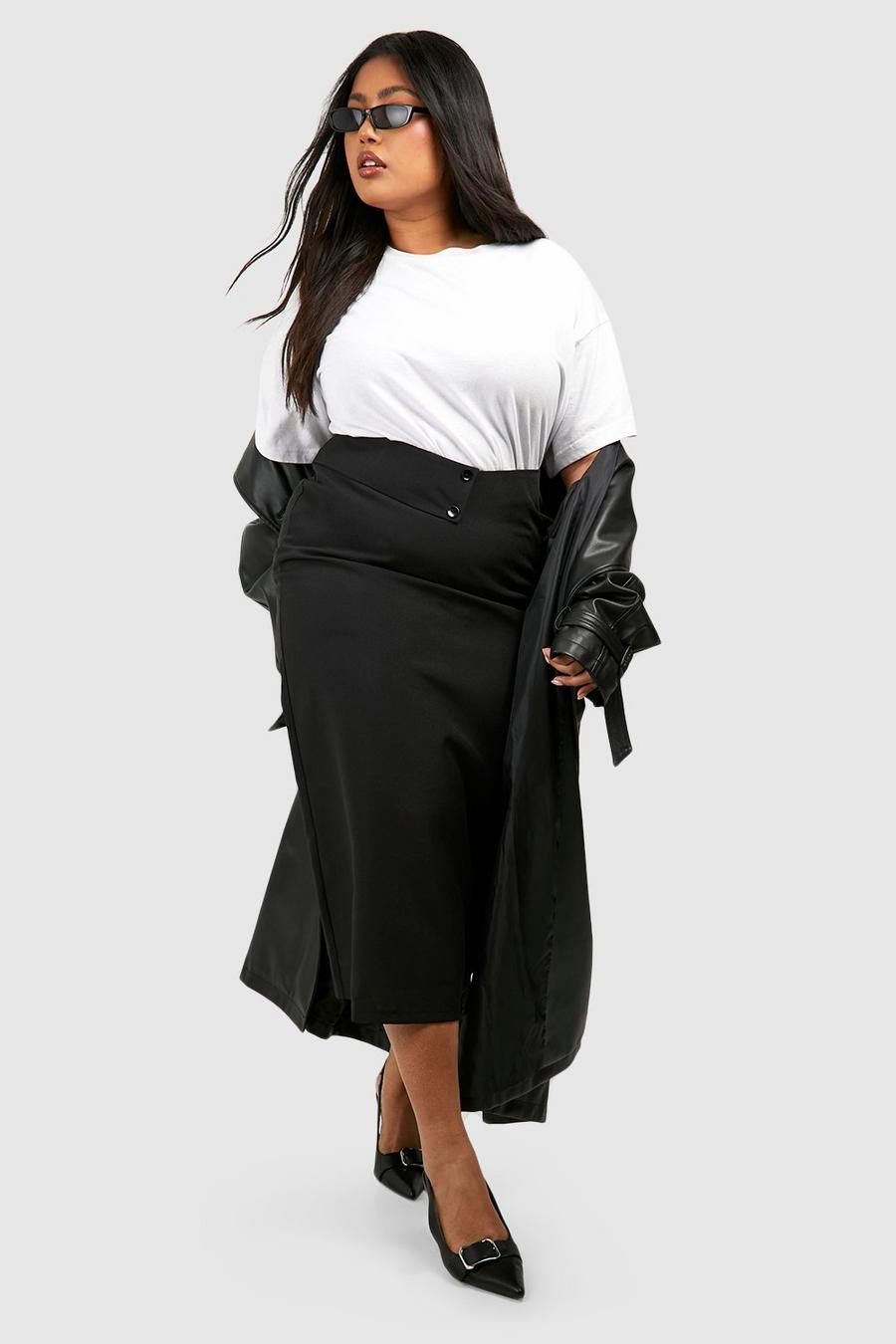 Falda Plus midaxi de tela crepé con pliegue en la cintura, Black