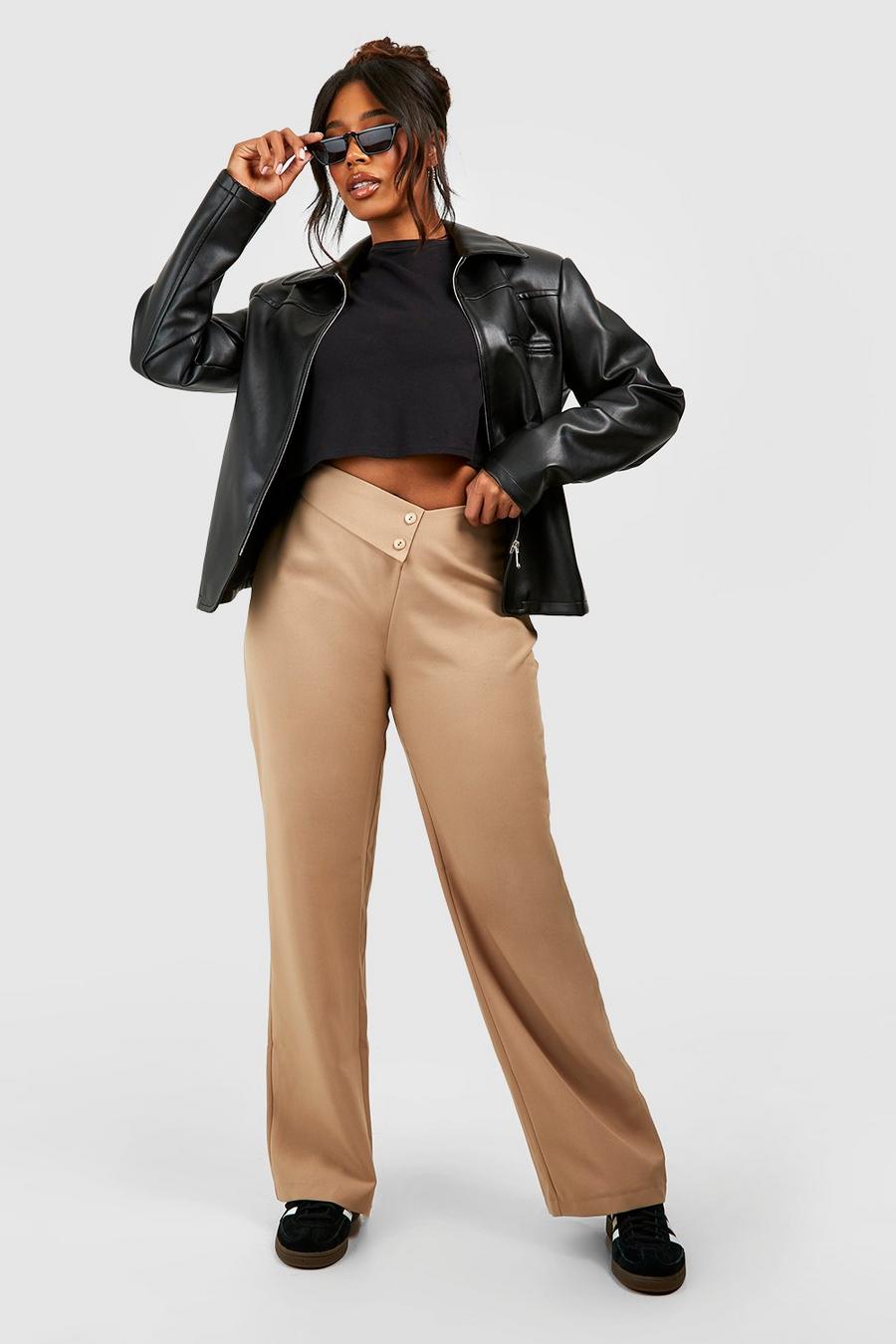 Camel Plus Crepe Fold Over Waist Detail Trousers