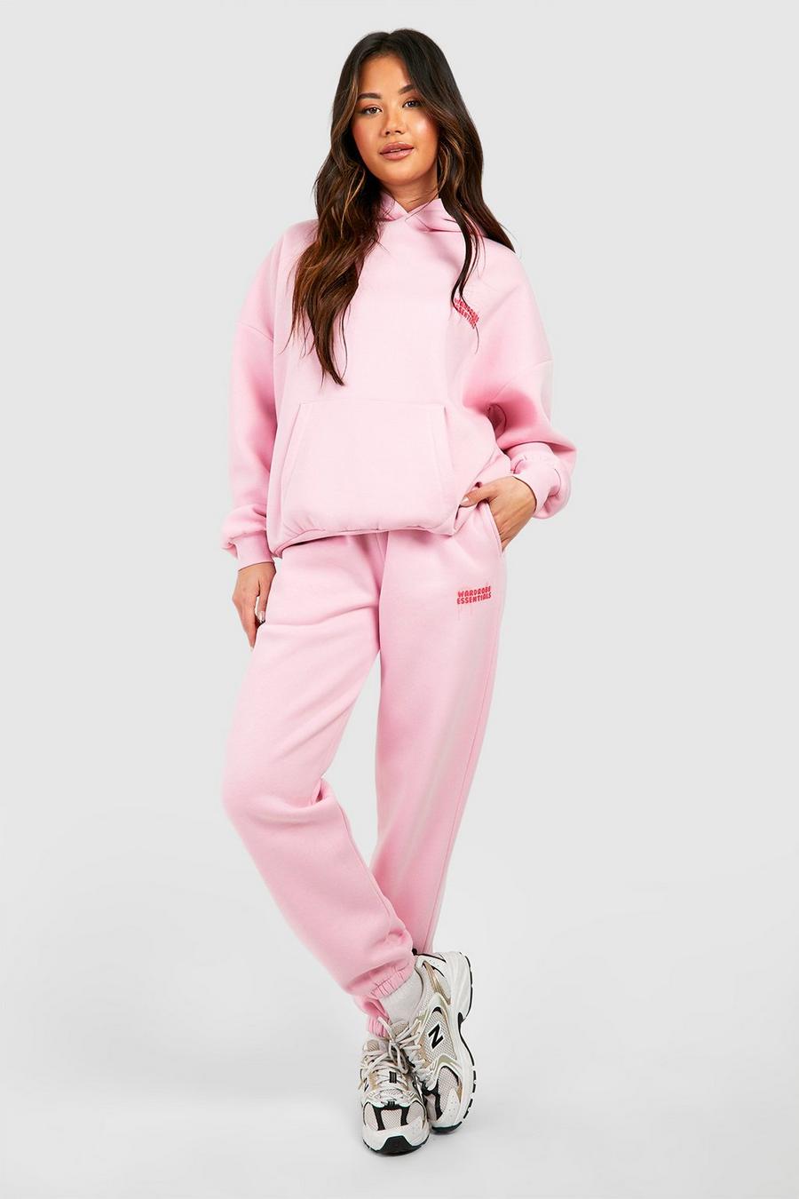 Trainingsanzug mit Wardrobe Essentials Slogan und Kapuze, Light pink