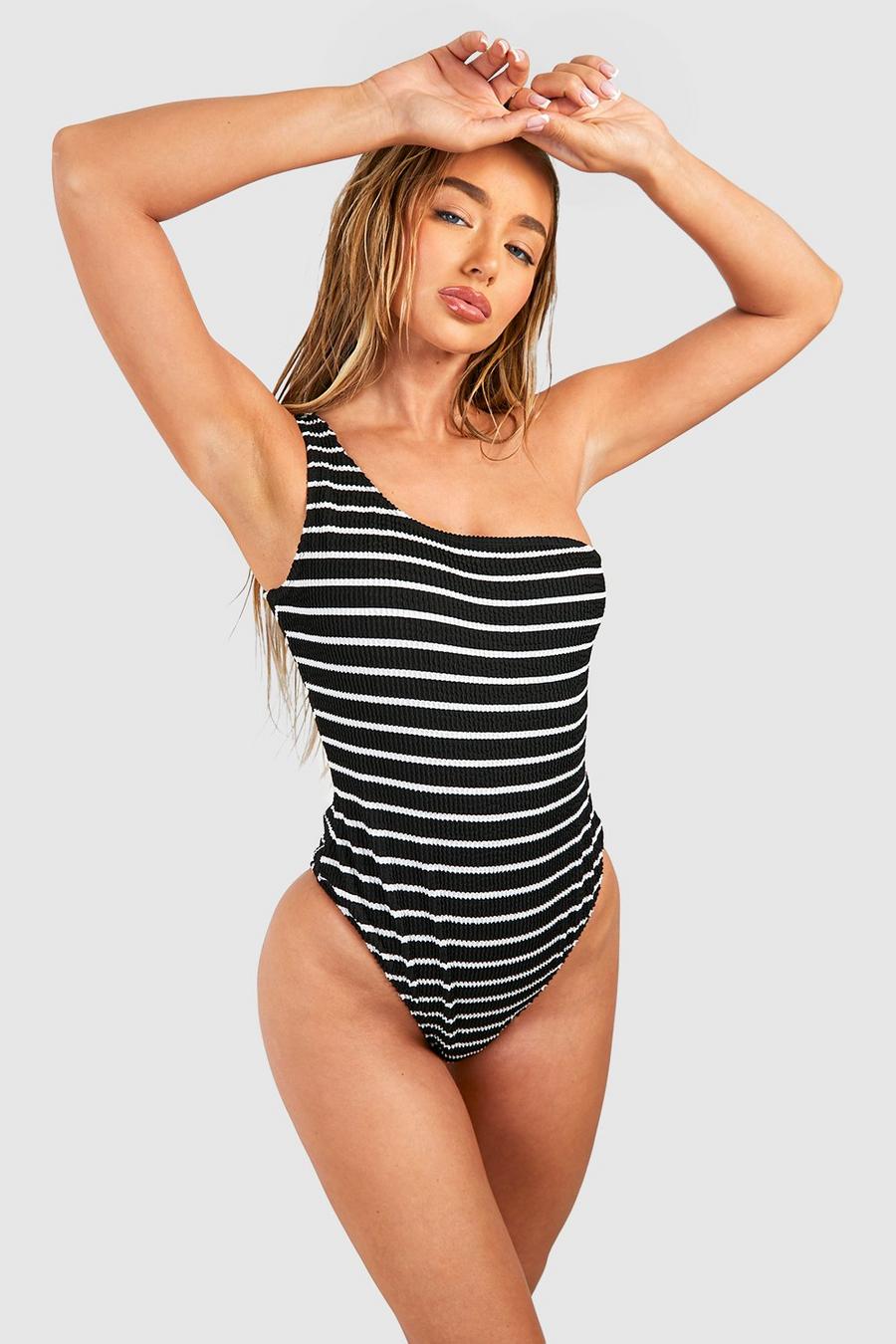 Black Stripe Crinkle One Shoulder Swimsuit