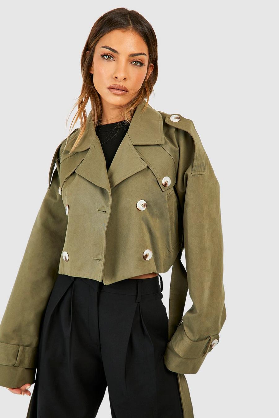 Khaki Crop Belted Trench Coat image number 1