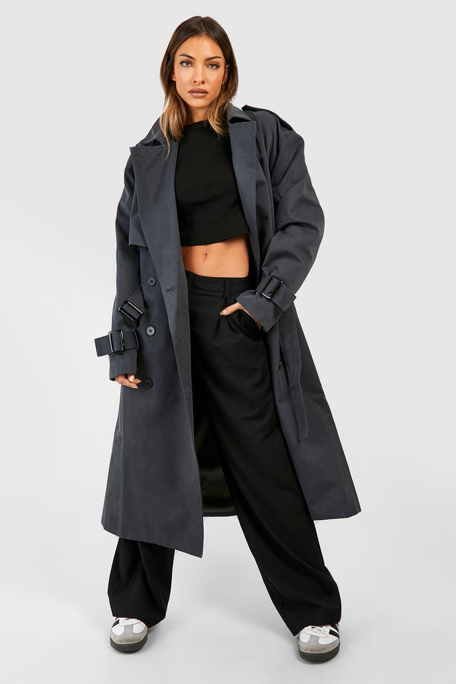 Charcoal Oversized Double Breast Belt Detail Trench Coat
