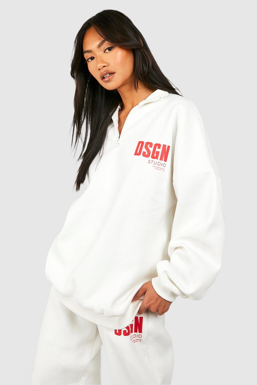 Oversize Sweatshirt mit Dsgn Studio Slogan und halbem Reißverschluss, Ecru