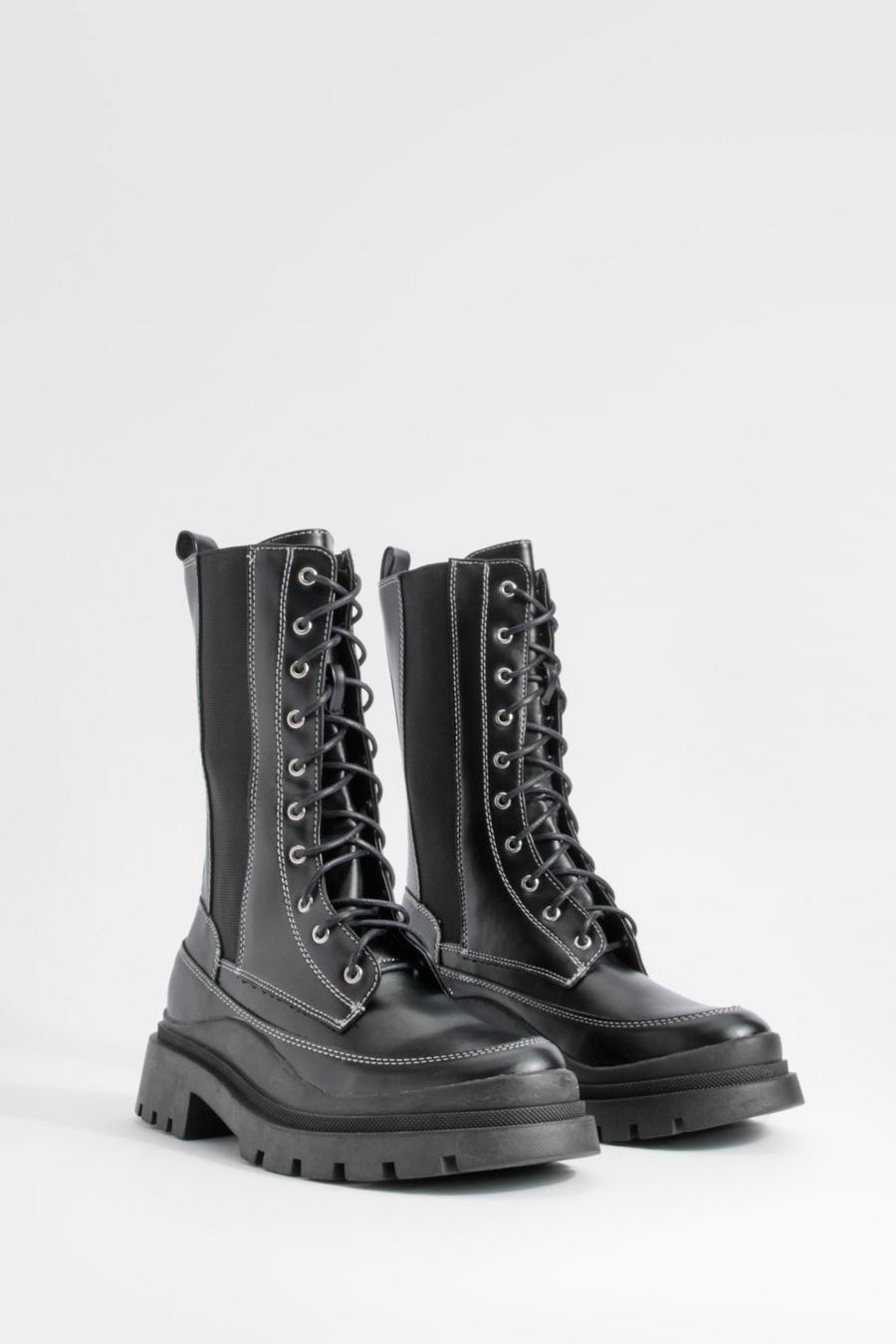 Black Chunky Calf High Lace Up Combat Boots