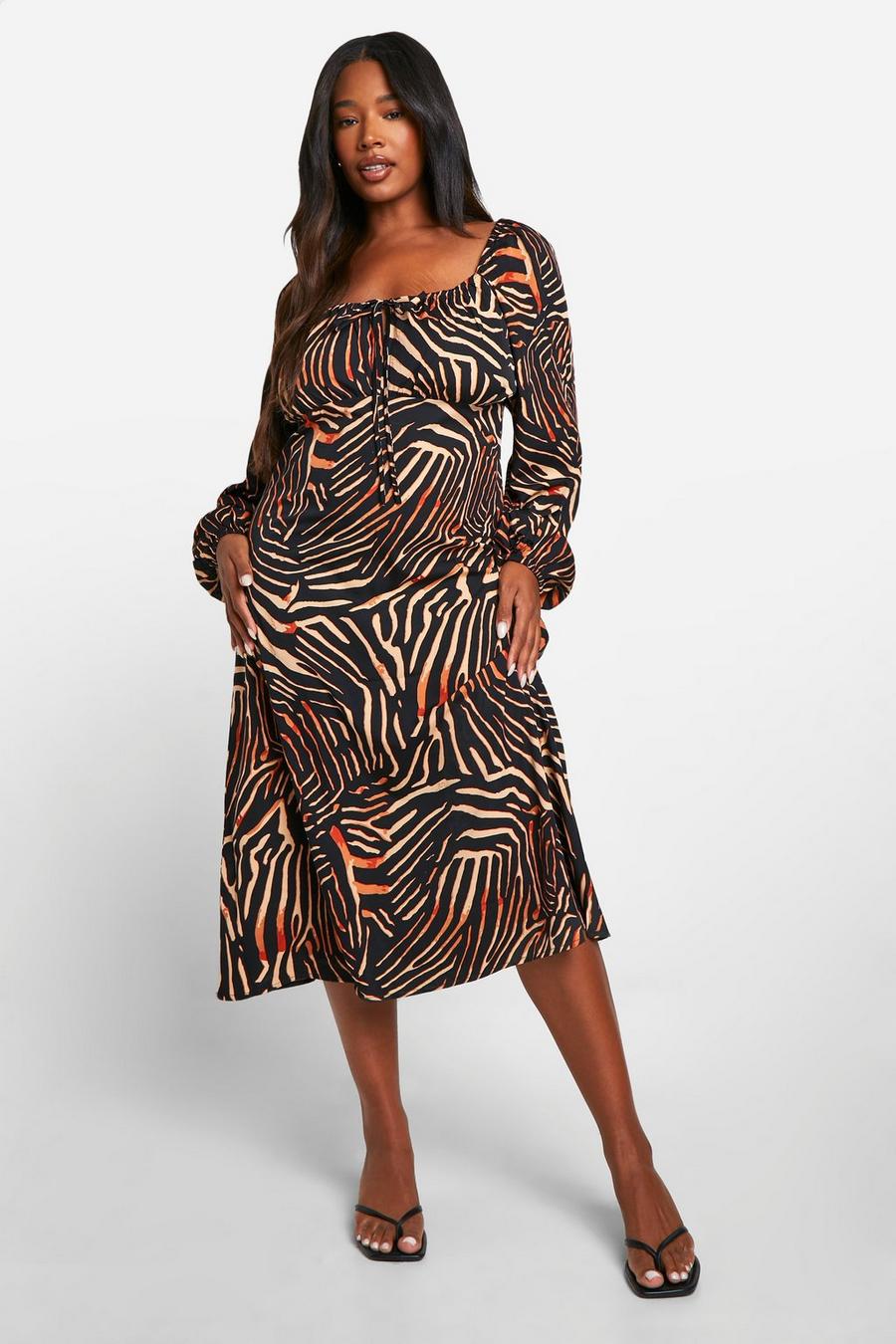 Brown Plus Animal Print Ruched Bust Midi Dress