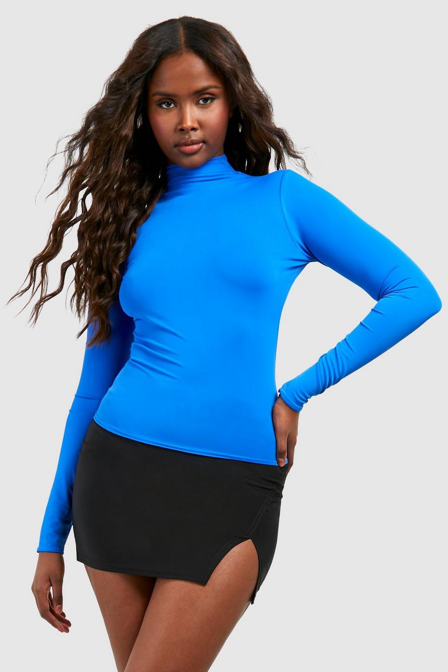 Blue Premium Matte Strakke Top Met Boothals En Lange Mouwen