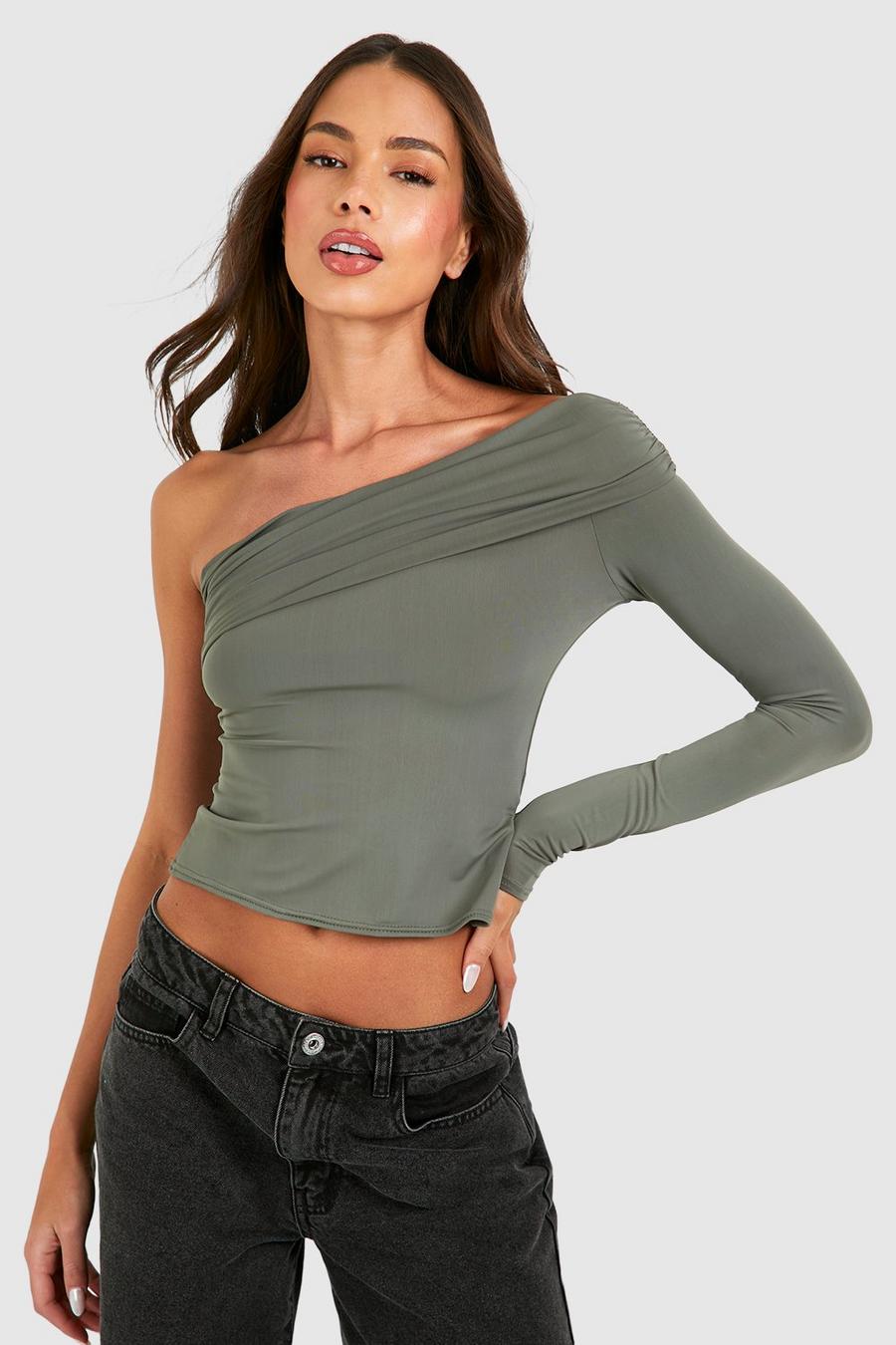 Top asimmetrico Premium seducente opaco monospalla, Washed khaki