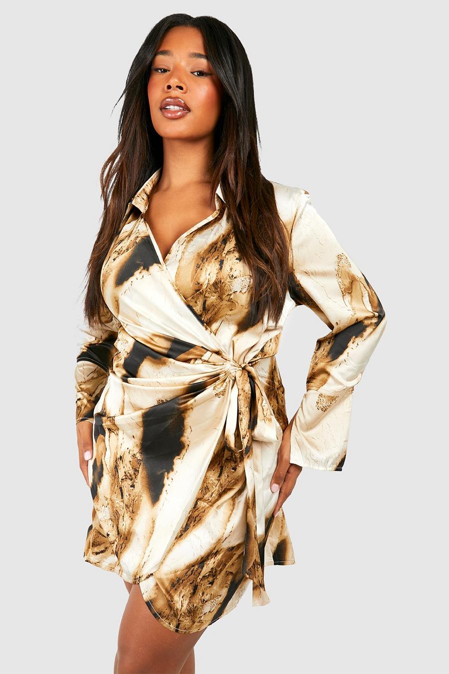 Brown Plus Marble Print Wrap Shirt Dress  image number 1
