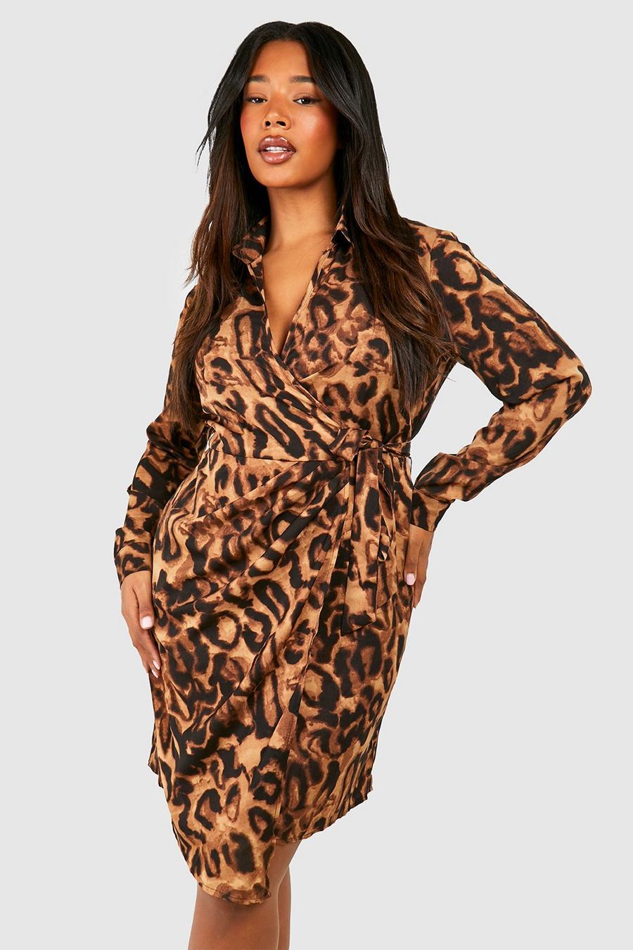Brown Plus Leopard Printed Wrapshirt Dress image number 1
