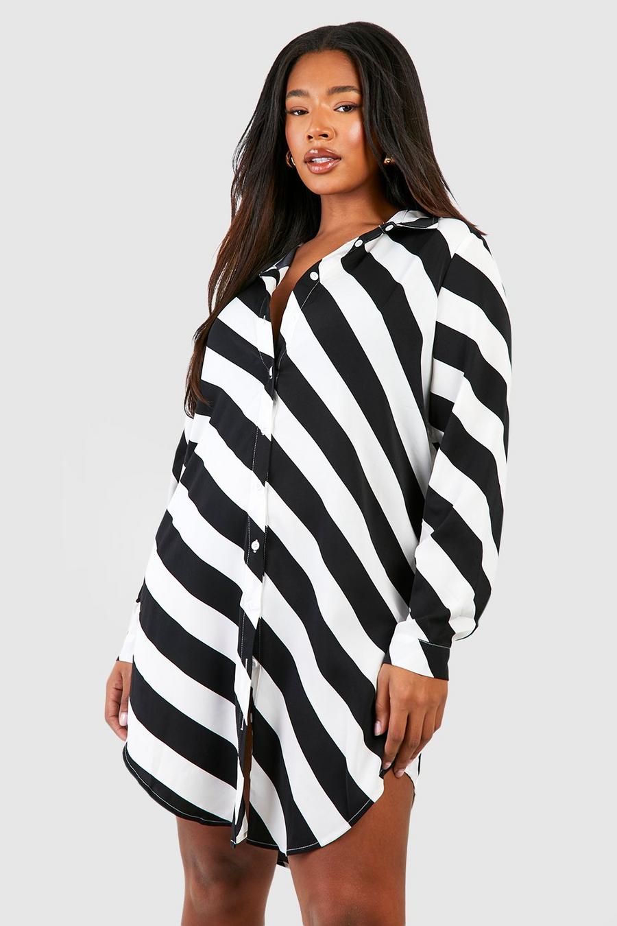 Black Plus Stripe Print Shirt Dress