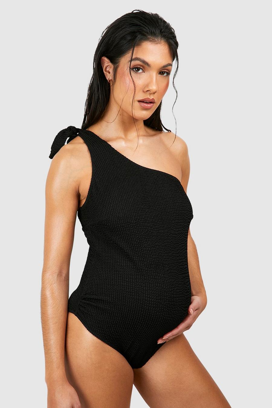Black Maternity Crinkle Tie One Shoulder Swimsuit