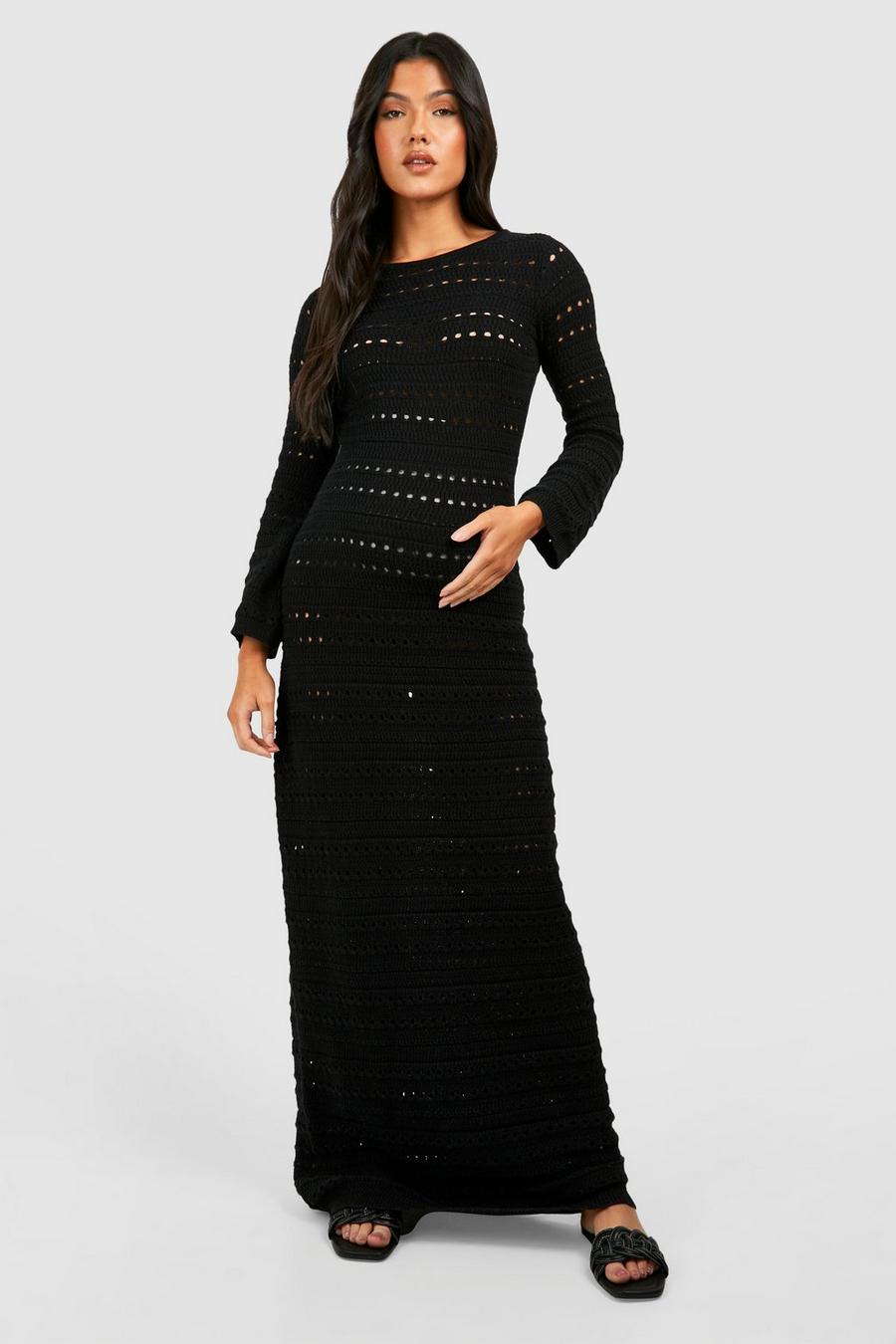 Black Maternity Crochet Flare Sleeve Tie Back Knitted Maxi Dress image number 1