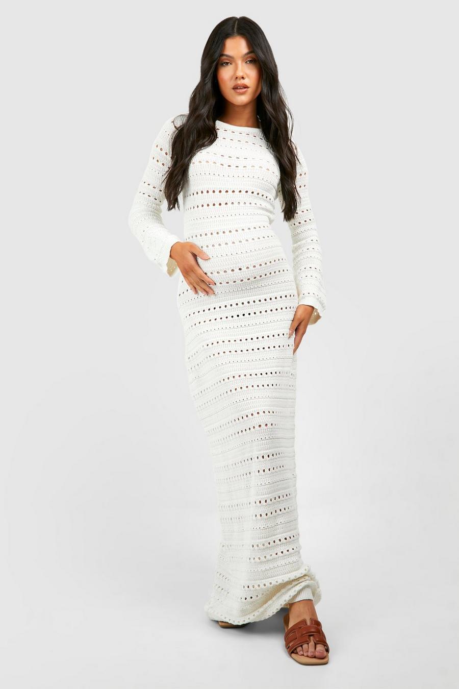 Ivory Maternity Crochet Flare Sleeve Tie Back Knitted Maxi Dress image number 1