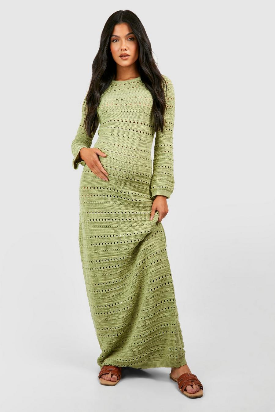 Khaki Maternity Crochet Flare Sleeve Tie Back Knitted Maxi Dress