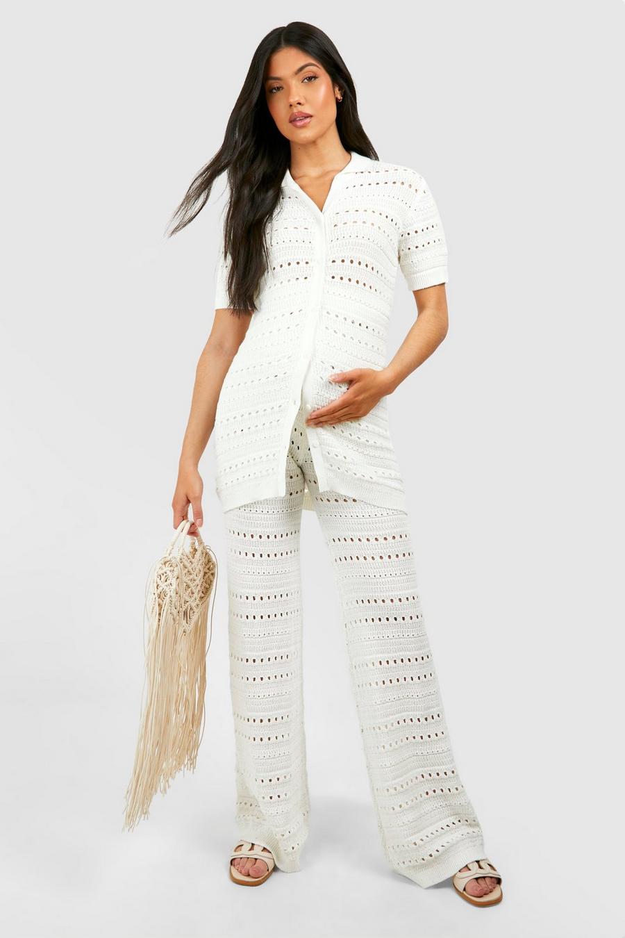 Cream Maternity Crochet Knitted Shirt And Wide Leg Pants Two-Piece