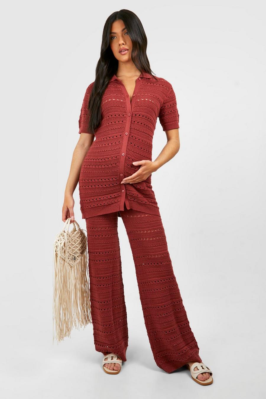 Rust Maternity Crochet Knitted Shirt And Wide Leg Pants Two-Piece image number 1