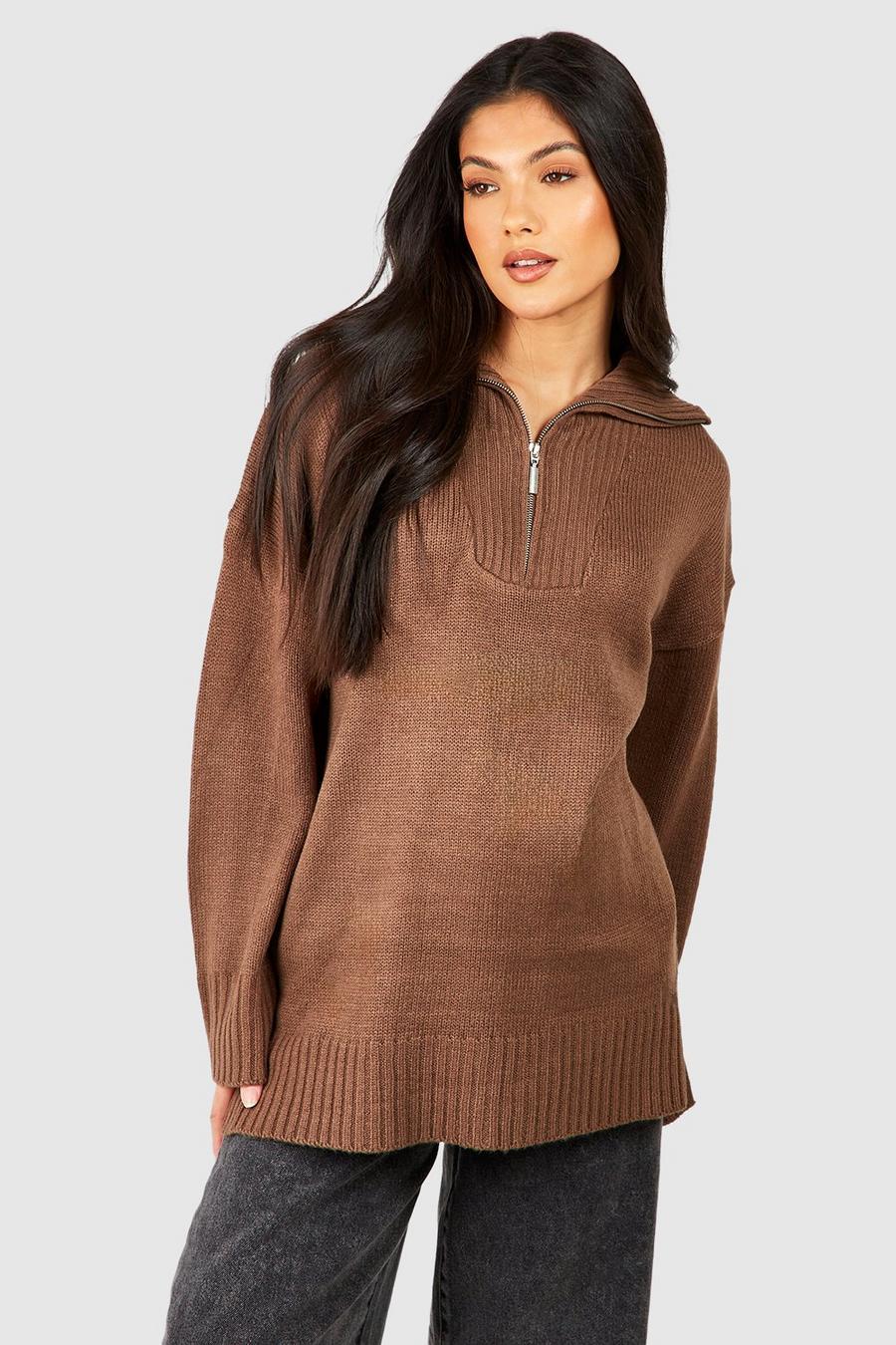 Brown Maternity Zip Collar Knitted Sweater
