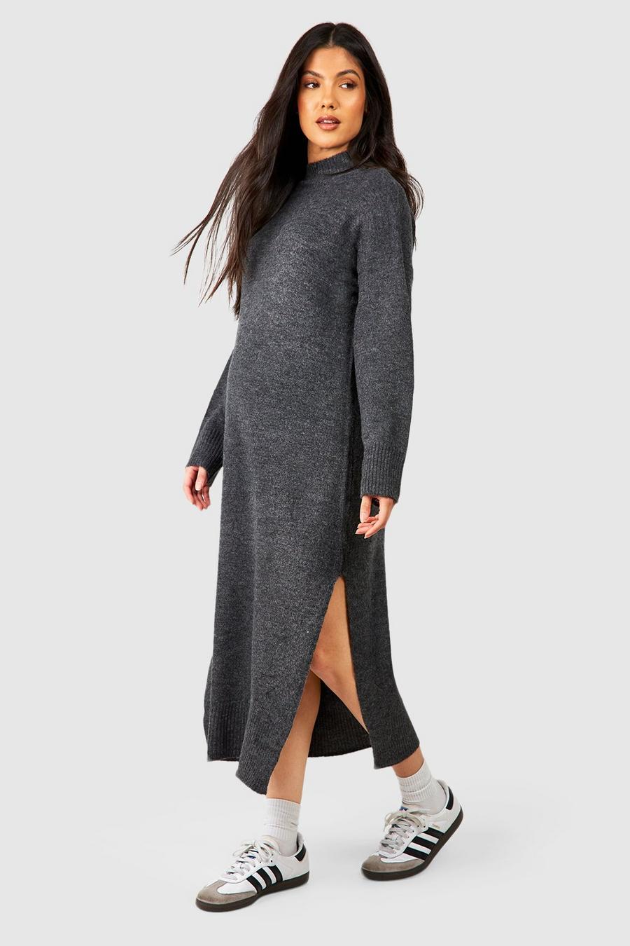 Charcoal Maternity High Neck Knitted Midi Dress