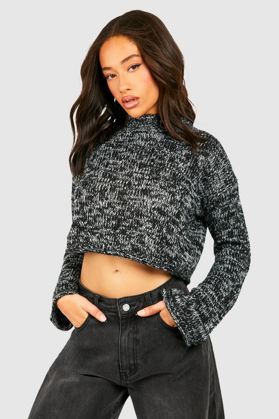 Black Twist Yarn Flare Sleeve Crop Sweater