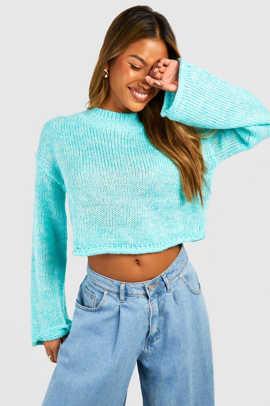 Blue Twist Yarn Flare Sleeve Crop Sweater