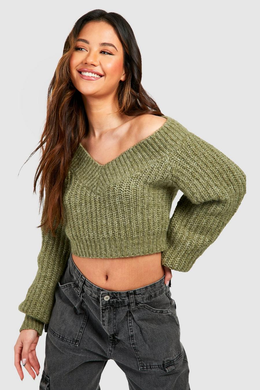 Khaki Chunky Gauge V Neck Oversized Crop Sweater image number 1
